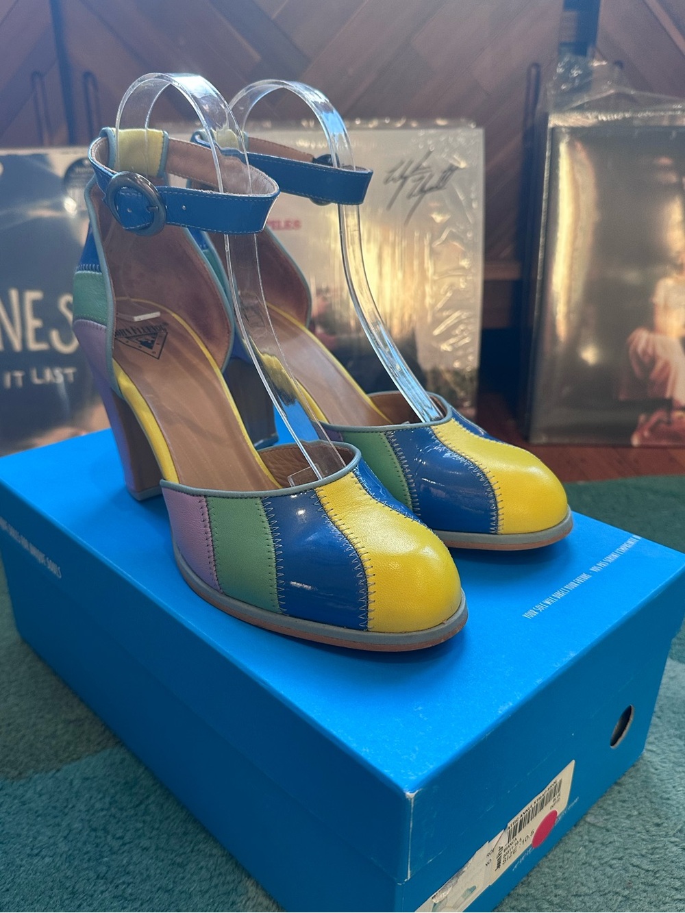 Fluevog EXCELLENT Attic Bianca colorful striped ankle strap heels-10.5 (fits 10)